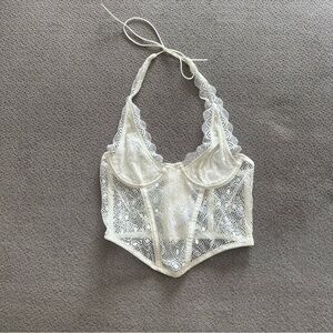 UO Elegant Lace Halter Bralette - Cream Small